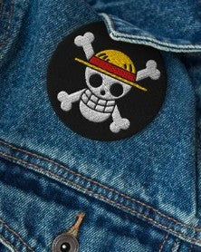 Jolly Roger Straw Hat Pirate 2" round embroidered patch